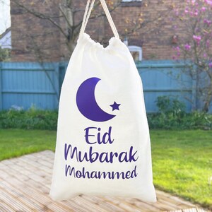 EID, Mubarak, personalizzato, nome, regalo, dolcetto, cordoncino, cotone, borse morbide regalo/dolcetto EID Mubarak riutilizzabili personalizzate.