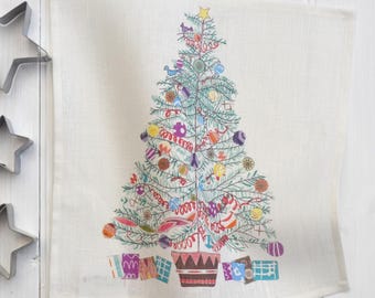 Linen Christmas Napkin: Hand-Drawn Tree Festive Table Decor