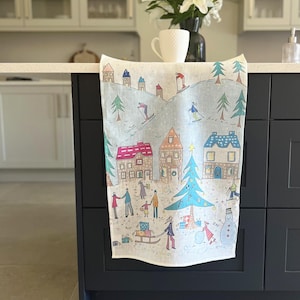 Linen Christmas Village Tea Towel/Festive T-Towel/Christmas Dishcloth/Christmas Decor/Christmas Kitchenware/Christmas Pudding Gift/