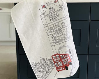 London Bridge Linen Tea Towel: Hand-Finished Kitchen Decor