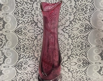 Hand Blown Ruby Red Glass Vase with Dark Purple Wrap