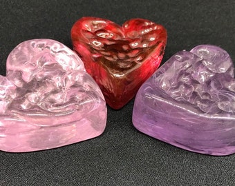 Heart Collection!! Hand Blown Glass Heart Paperweights- Ruby Red, Dark Purple, and Pink (Set of 3) #1