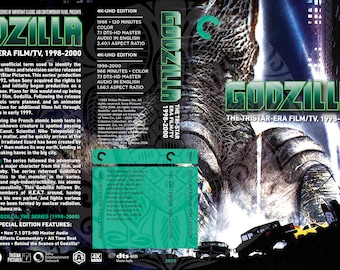 Puede incluir: Una carátula de DVD para la serie de películas de Godzilla, que presenta un monstruo Godzilla verde y negro contra un horizonte urbano. La carátula incluye el título "Godzilla: The Tristar-Era Film/TV, 1998-2000" y detalles sobre la edición 4K UHD de la película.