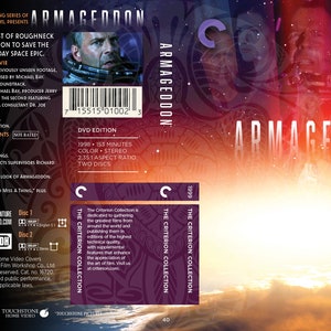 Puede incluir: Carátula de DVD de la colección Criterion para la película Armageddon de 1998, con Bruce Willis en un traje espacial sobre un fondo rojo y morado. El título "Armageddon" aparece en grandes letras blancas.