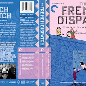 May include: A blue-ray disc case for the film "The French Dispatch" by Wes Anderson. The case features a pink and blue illustration of a woman and a child on the front. The back of the case has a description of the film and its cast.