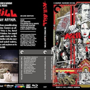 May include: Criterion Collection Blu-ray of "Kill Bill: The Whole Bloody Affair." The cover features a collage of characters and imagery from the film, with the title in bold red letters. The back shows a scene with two figures in a snowy setting.