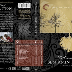 Pode incluir: A capa do DVD Blu-ray de O Curioso Caso de Benjamin Button apresenta um fundo preto e dourado com um design de árvore estilizado. O título está em texto branco com os nomes de Brad Pitt e Cate Blanchett em texto branco menor. A capa do DVD faz parte da coleção The Criterion Collection.