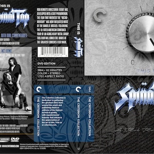 Puede incluir: Carátula de DVD para la película "This is Spinal Tap", un falso documental sobre una banda de heavy metal ficticia. La portada presenta una foto en blanco y negro de los miembros de la banda, una perilla plateada con las palabras "This is Spinal Tap" y un fondo blanco y negro con las palabras "The Criterion Collection".
