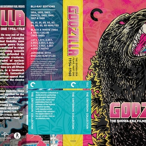 May include: Godzilla: The Showa-Era Films, Part One (1954-1968) Blu-ray box set. Features a black and white illustration of Godzilla with a pink and yellow background. Includes film titles and details.