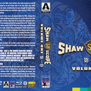 May include: A blue and yellow DVD case with the title "Shaw SB Scope Volume One" and a Chinese character. The case features a martial arts movie scene with a figure in a blue outfit.