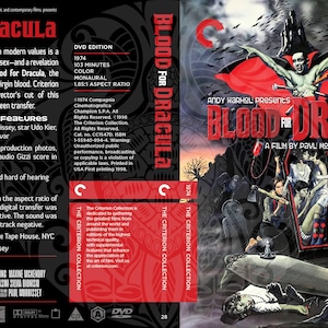May include: DVD case for the film "Blood for Dracula" by Paul Morrissey. The cover features a stylized image of Dracula with a red cape, surrounded by bats and other figures. The Criterion Collection logo is visible.
