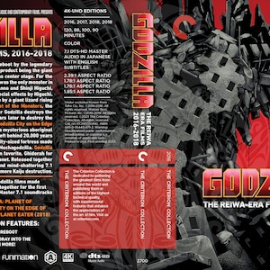 May include: A red DVD case with a Godzilla image on the front. The case features the title "Godzilla: The Reiwa-Era Films, 2016-2018" and the text "The Criterion Collection".