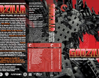 Puede incluir: Una caja de DVD roja con una imagen de Godzilla en la parte delantera. La caja presenta el título "Godzilla: The Reiwa-Era Films, 2016-2018" y el texto "The Criterion Collection".