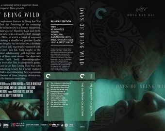 May include: Blu-ray disc case for the film "Days of Being Wild" by Wong Kar Wai. The Criterion Collection logo is featured on the spine and back of the case. The front of the case features a close-up of two people embracing.
