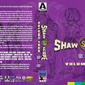May include: A purple Blu-ray box set titled "Shaw Scope Volume Four." The cover features illustrations of characters and the title in a stylized font. The set includes a limited edition collection of films.