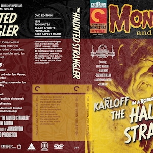 May include: DVD cover art for the 1958 film "The Haunted Strangler" starring Boris Karloff. The cover features a close-up of Karloff's face with a menacing expression. The title of the film is in large, bold letters and the background is a yellow and red color scheme.