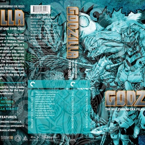 Op de afbeelding: Blu-ray boxset voor Godzilla: The Millennium-Era Films, Part One 1999-2002. De cover toont Godzilla en andere monsters in tinten blauw en wit, met de titel in goud. Inclusief speciale functies.