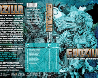 Puede incluir: Caja Blu-ray de Godzilla: The Millennium-Era Films, Parte Uno 1999-2002. La portada presenta a Godzilla y otros monstruos en tonos azules y blancos, con el título en dorado. Incluye características especiales.