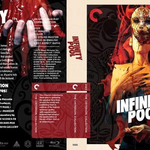 May include: Criterion Collection Blu-ray cover for "Infinity Pool." The cover features a stylized image of a person with a mask and outstretched hands, with the title in bold white letters. The background is a mix of red and black.