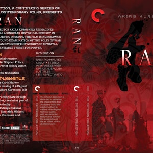 May include: DVD case for the Criterion Collection release of Akira Kurosawa's film "Ran". The case features a red background with a black and white image of a samurai warrior. The text "Ran" is written in large, bold letters on the front of the case.