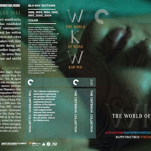 May include: A Blu-ray box set of the Criterion Collection "The World of Wong Kar Wai" featuring a close-up of a woman's face on the front cover. The box set includes seven films: "As Tears Go By", "Days of Being Wild", "Chungking Express", "Fallen Angels", "Happy Together", "In the Mood for Love", and "2046".
