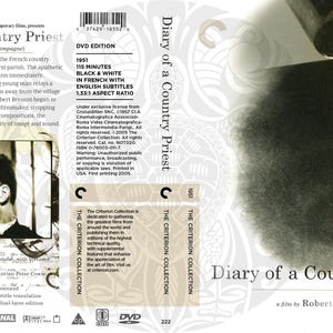May include: DVD cover art for the Criterion Collection release of the 1951 film "Diary of a Country Priest" by Robert Bresson. The cover features a black and white image of a young man in a clerical collar, with the film's title and director's name in white text.