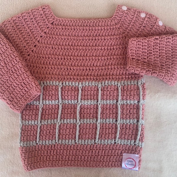 Pull bébé motif carrés au crochet taille naissance à 2 ans plusieurs couleurs au choix laine très douce et ne peluche pas