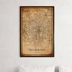 Tallahassee Vintage kaart poster, Tallahassee oude kaart, grunge Tallahassee kaart, Florida oude decor, Tallahassee stadskaarten afdrukken, canvas
