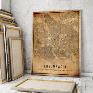 Affiche de carte vintage de Lubumbashi, Ancienne carte de Lubumbashi, Carte Grunge Lubumbashi, Vieux décor de Lubumbashi, Art mural rustique du Congo