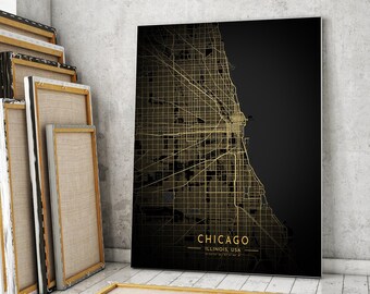 Mapa de Chicago, pôster do mapa de Chicago, pôster do mapa dourado de Chicago, mapa da cidade de Chicago, impressão de mapa de Chicago, mapa de Chicago Illinois Glitter dourado e preto