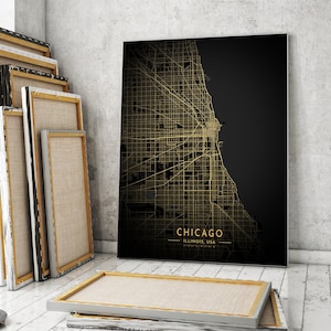 Chicago Map, Chicago Map Poster, Chicago Gold Map Poster, Chicago City Map, Chicago Map Print, Chicago Illinois Glitter Gold And Black Map