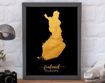 Plakat z mapą Finlandii Gold, Mapa Finlandii Gold Black, Współczesna sztuka ścienna, Nowoczesna sztuka ścienna Finlandii, Wystrój biura, Finlandia Drukowany prezent artystyczny