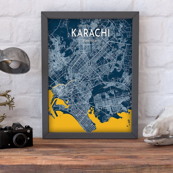 Karachi Blue Map Poster City Modern Print Karachi City Sign Pakistan Canvas Print Home Poster Universal Gift