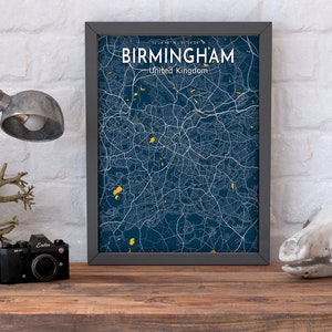 Birmingham Blaue Karte Poster, Birmingham City Blue Map Poster, Birmingham City Sign, United Kingdom Karte Leinwanddruck, Birmingham Home Poster