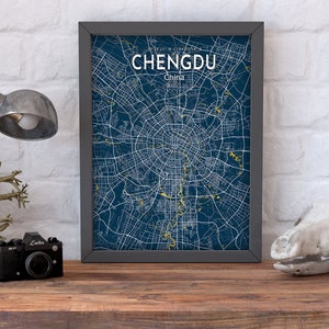 Pôster do mapa azul de Chengdu, impressão de mapa moderno da cidade de Chengdu, sinal da cidade de Chengdu, impressão em tela de mapa da China, pôster de casa de Chengdu, presente de inauguração