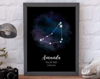 Capricorn Star Sign Watercolor Print, Custom Astrology Poster