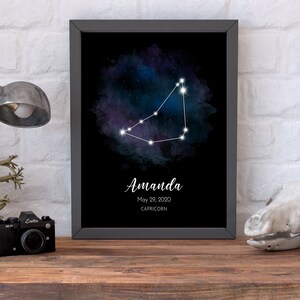 Aquarelle de l’affiche du Capricorne, Affiche imprimée du zodiaque Noir, Nouveau cadeau de bébé, Signe astrologique du Capricorne, Cadeau d’anniversaire personnalisé, Affiches astrologiques