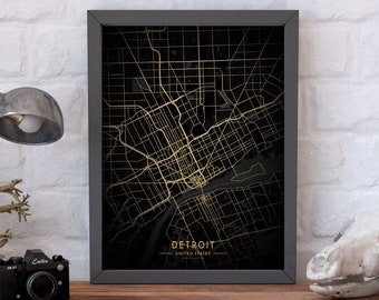 Pôster do mapa de Detroit, pôster do mapa dourado da cidade de Detroit, placa da cidade de Detroit, impressão do mapa da cidade de Michigan, mapa brilhante dourado e preto de Detroit, tela