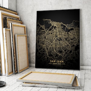 Cartaz do mapa de San Juan, pôster do mapa dourado da cidade de San Juan, tela de San Juan, impressão de mapa de Porto Rico, mapa de ouro brilhante de San Juan e mapa preto