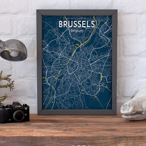 Affiche de carte bleue de Bruxelles, affiche de carte bleue de la ville de Bruxelles, panneau de la ville de Bruxelles, impression sur toile de carte de la Belgique, affiche de la maison de Bruxelles