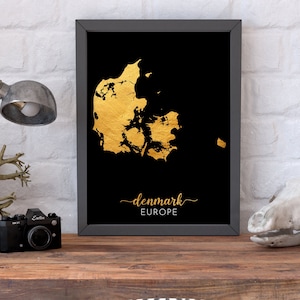 Pôster de mapa dourado da Dinamarca, mapa preto dourado da Dinamarca, arte de parede contemporânea, arte de parede moderna da Dinamarca, decoração de escritório, presente de arte para impressão da Dinamarca