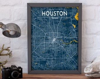 Cartaz do mapa azul de Houston, cartaz do mapa azul da cidade de Houston, sinal da cidade de Houston, impressão do mapa da cidade do Texas, cartaz de Houston
