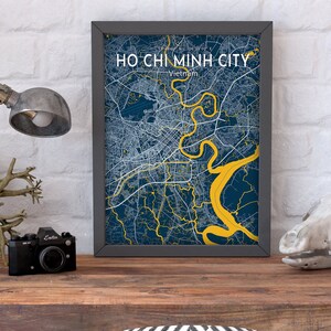 Cartaz do mapa azul da cidade de ho chi minh, impressão moderna do mapa da cidade de ho chi minh, impressão em tela do mapa do vietnã, presente de inauguração da cidade de ho chi minh