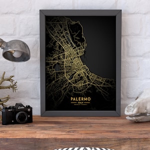 Affiche de carte d’or de Palerme, Affiche de la ville de Palerme, Carte de Palerme imprimable, Carte de la ville de Palerme Gift, Carte or et noire de Palerme, Carte imprimée de Palerme