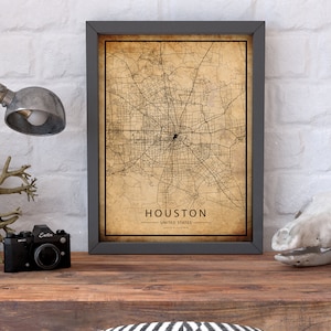 Houston Vintage Karte Poster, Houston Alte Karte, Grunge Houston Karte, Texas Old Decor, Rustikale Wandkunst, Houston City Maps Print, Landkarte Wanddekoration