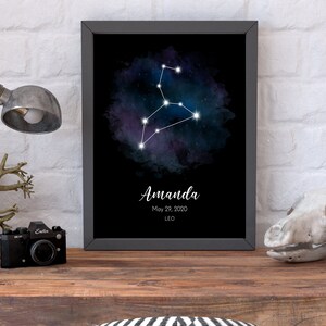 Löwe Sternzeichen Poster Aquarell, Sternzeichen Druck Poster, Neues Baby Geschenk, Löwe Sternzeichen, Personalisiertes Geburtstagsgeschenk, Astrologie Poster Valentinstag Geschenk