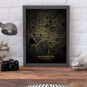 Impression de carte de Washington Washington City Washington carte affiche impression carte carte or et noir impression décoration rue toile