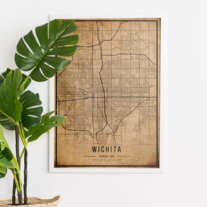 Wichita Vintage Map Poster, Wichita Old Map, Grunge Wichita Map, Kansas Old Decor, Wichita Rustic Wall Art, Wichita City Maps Print, Canvas