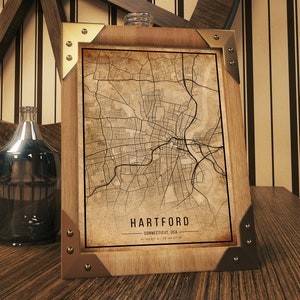 Hartford Vintage Karte Poster, Hartford Alte Karte, Grunge Hartford Map, Connecticut Old Dekor, Hartford Stadtplan Druck, Leinwand