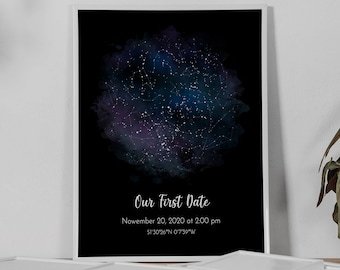 Custom Star Map Print Watercolor, Night Sky Poster, Gift For Mom, Our First Date Stars, Night We Met, Custom Star Map By Date,